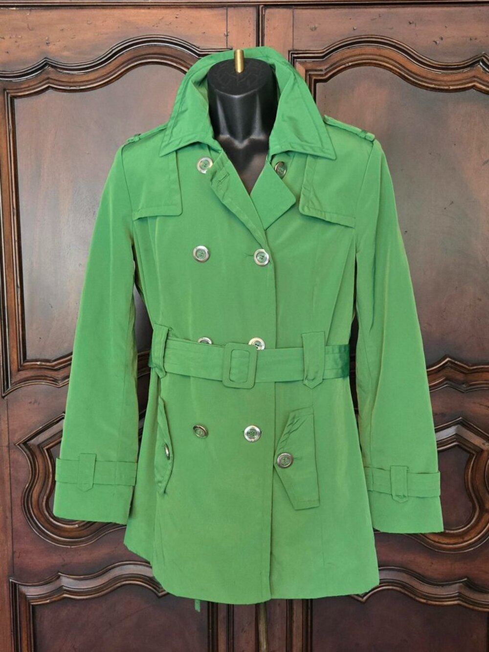 Calvin Klein Women’s Green Belted Trench Coat Mid-Length Button Pockets M
